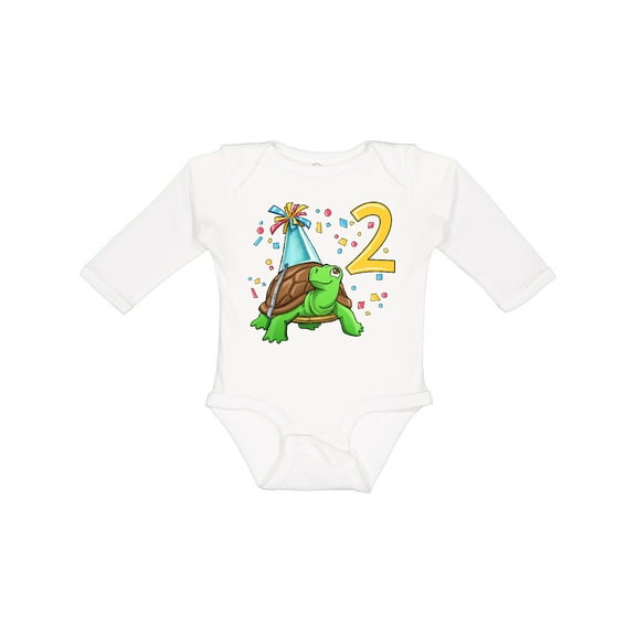 Inktastic 2nd Birthday Cute Turtle in Party Hat with Confetti Boys or Girls Long Sleeve Baby Bodysuit