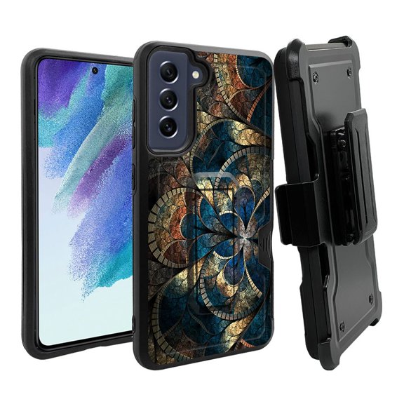 ANJ  Rugged Dual Layer Shockproof Holster Case w/Card Slot, Kickstand   Tempered Glass for Samsung Galaxy S21 FE 5G - Abstract Tiles