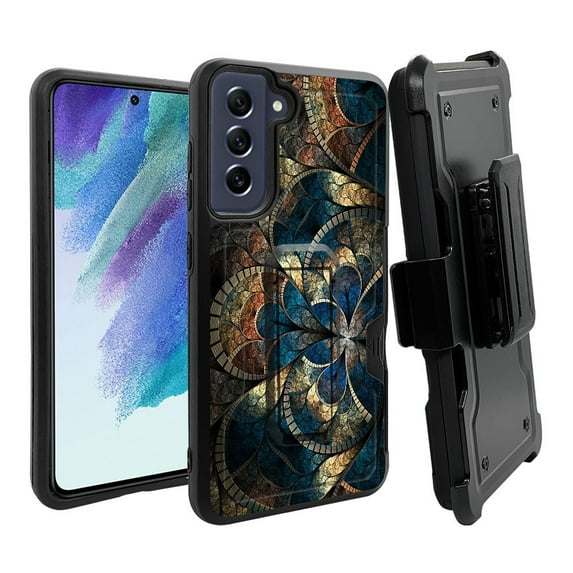 ANJ+ Rugged Dual Layer Shockproof Holster Case w/Card Slot, Kickstand + Tempered Glass for Samsung Galaxy S21 FE 5G - Abstract Tiles