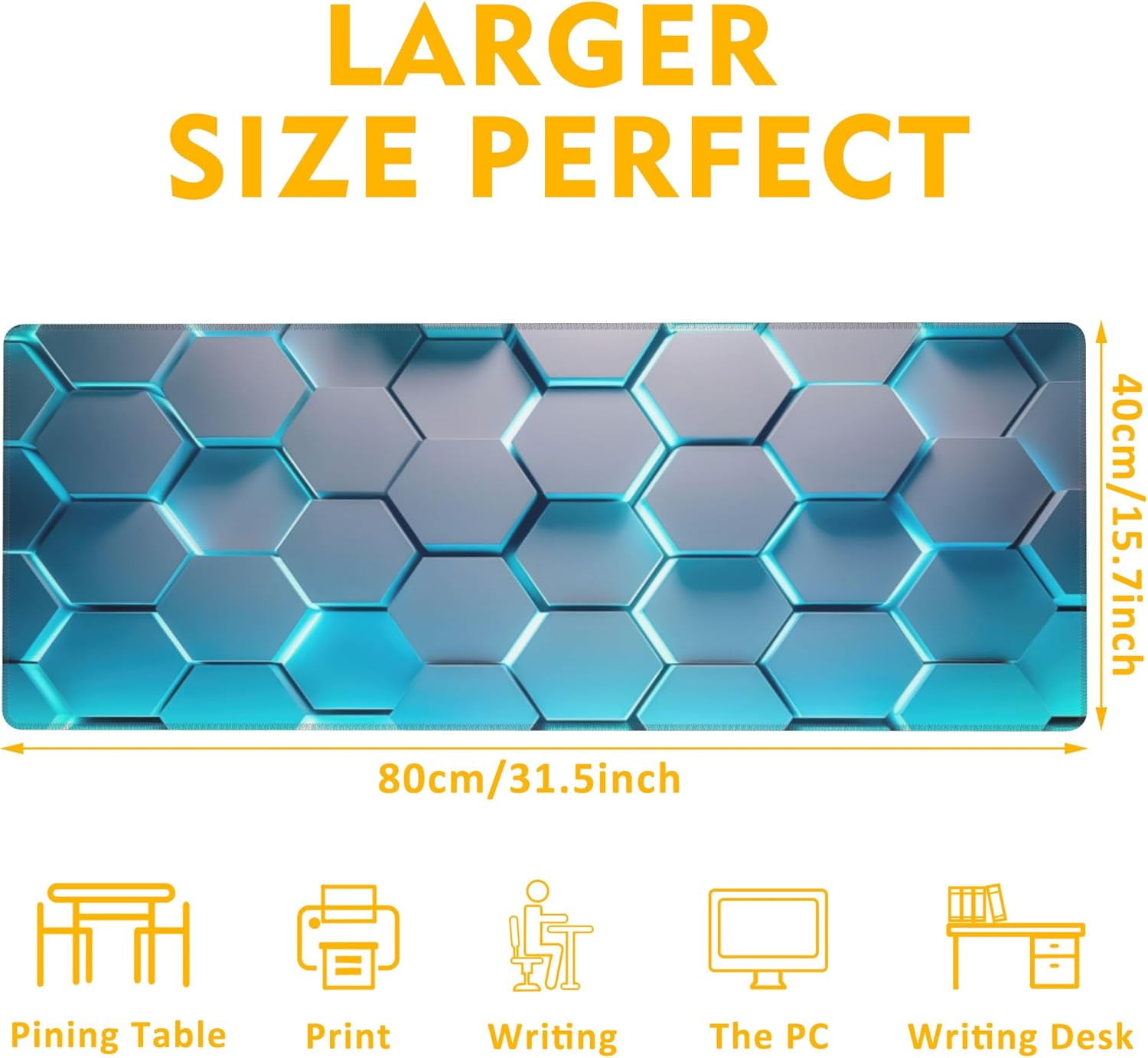 Gaming Mouse Pad,Honeycomb Hexagon Desk Mat,31.5""X15.7"" Large Desk Pad with Stitched Edge Non-Slip Base Keyboard Big Mouse Pad for Office Home Work Gaming-Blue, WDQ-D01