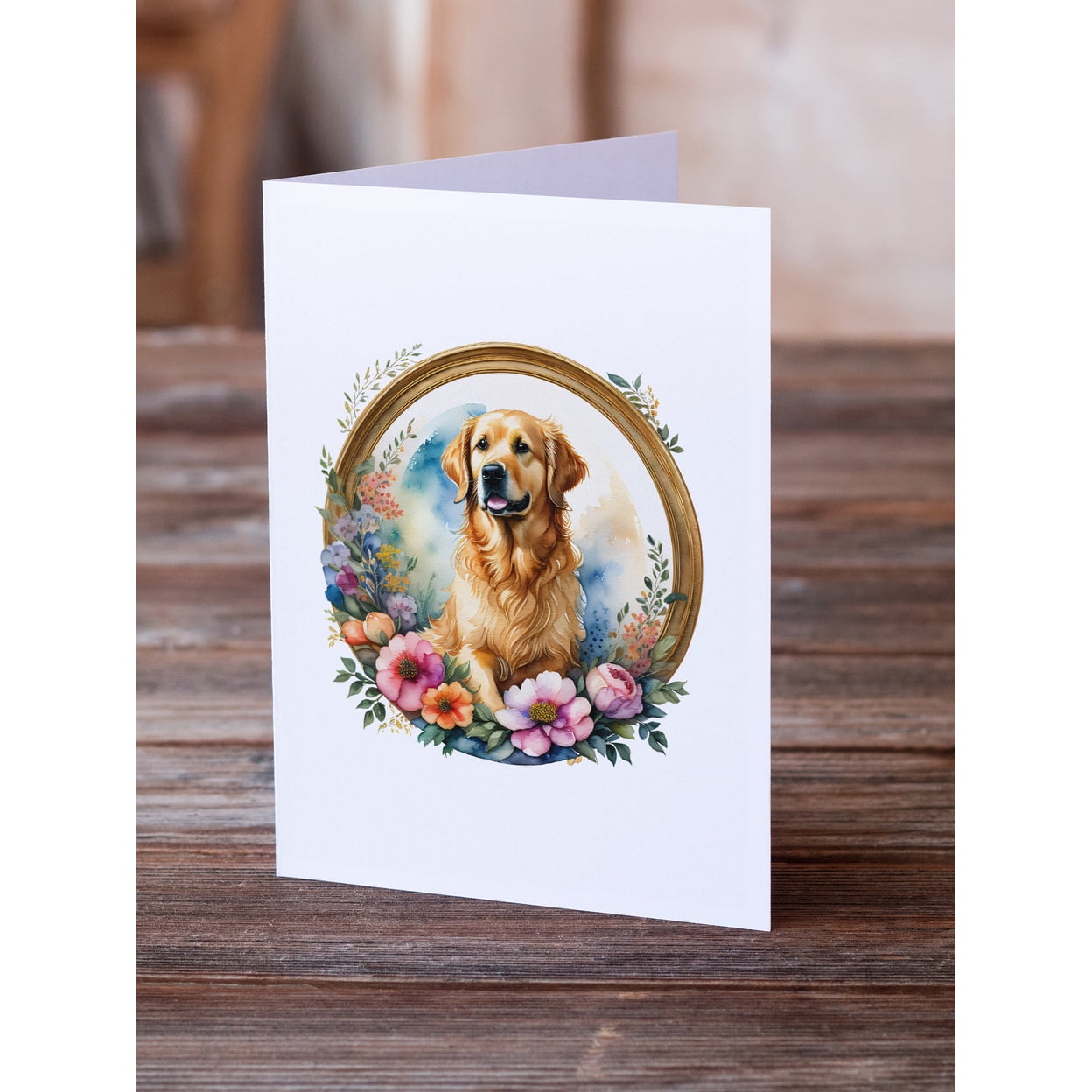 Golden Retriever and Flowers Greeting Cards and Envelopes Pack of 8 7 in x 5 in