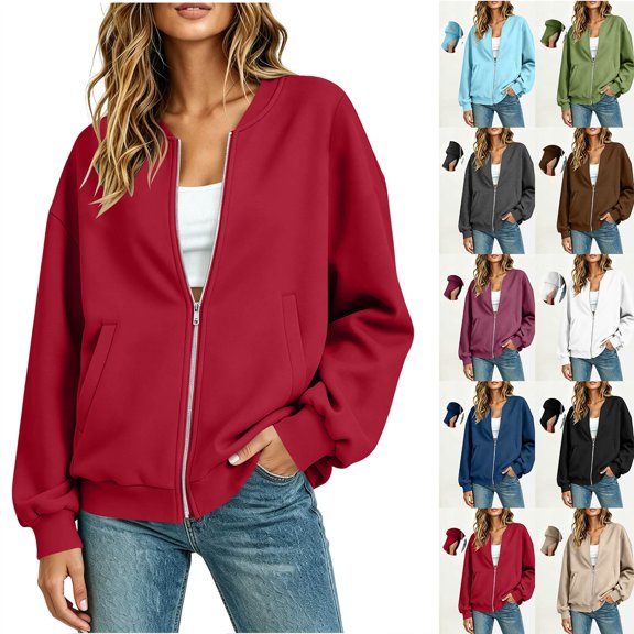 Chiccall Women's Full Zip Bomber Sweatshirt Jacket Thumb Hole Cuffs Oversized Long Sleeve V Neck Loose Casual Coat with Side Pockets