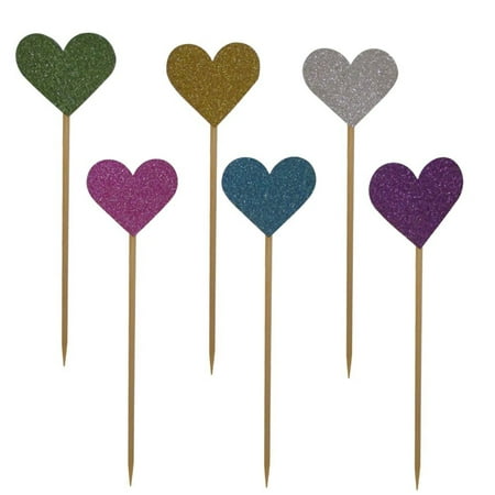 48 Multi Colored Glittery Heart Cupcake Toppers Love Valentine