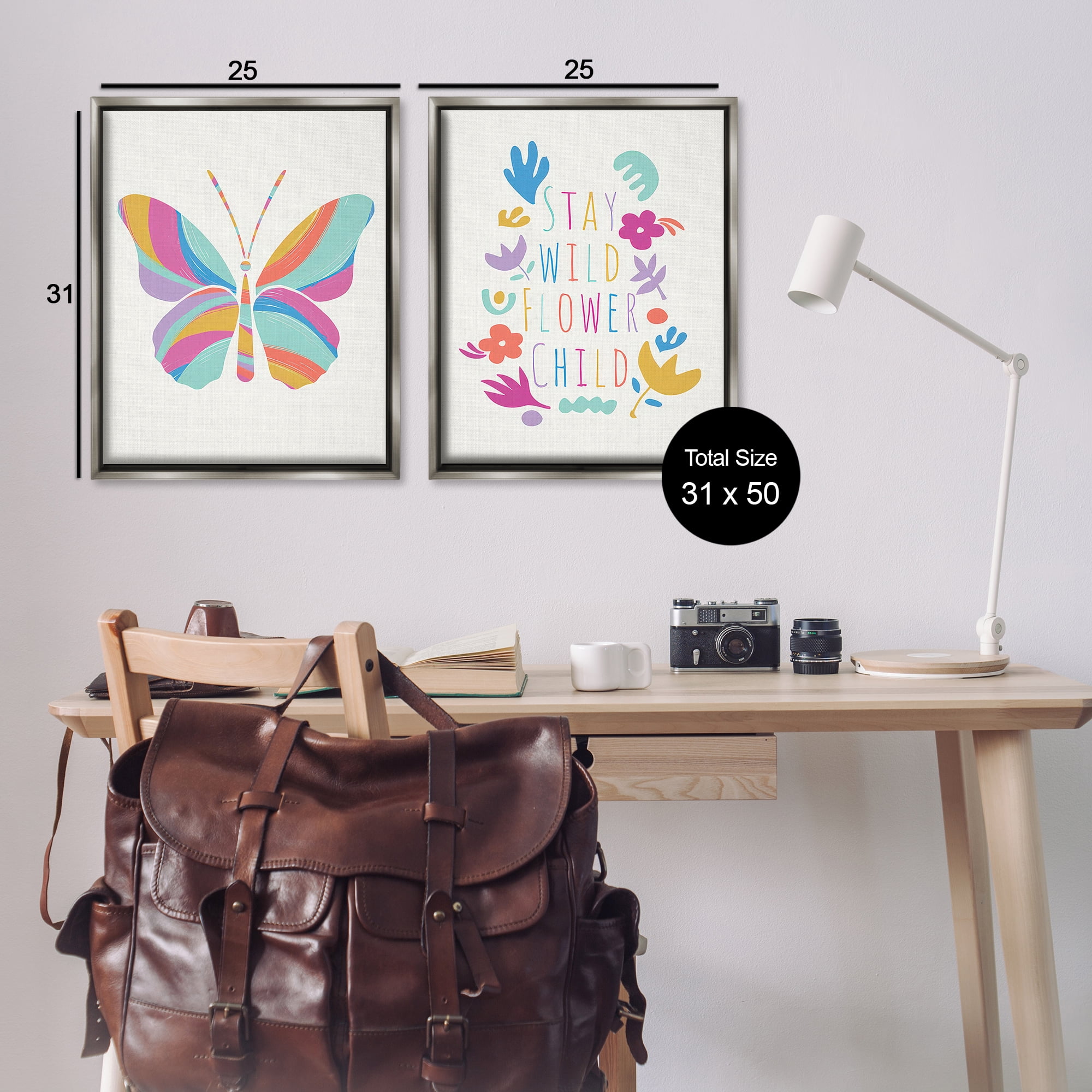 Stupell Industries Stay Wild Butterfly Text & Numbers Painting Gray Floater Framed Canvas Art Print Wall Art, 31 x 25, Set of 2