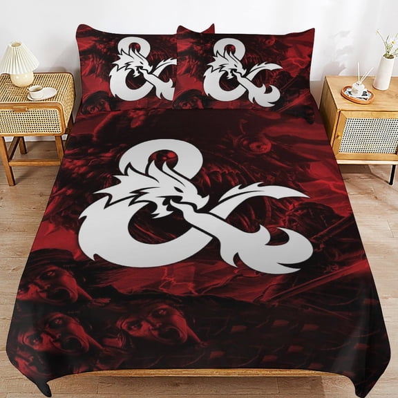 DND Dungeons And Dragons Bedding Set Anime Bedding Set Cartoon Duvet Cover Set with 1 Duvet Cover and 2 Pillowcases for Boys Girls Soft Game Comforter Cover Set Suitable for All Seasons 86"×70"