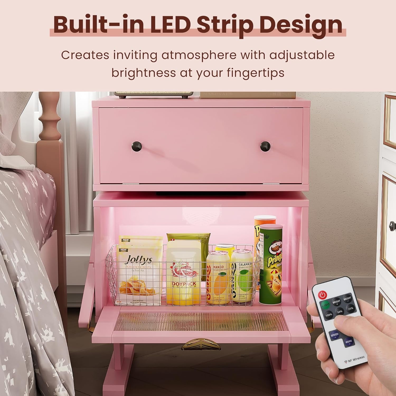 Heynemo Pink Nightstand with LED Light Strips 360° Rotating Drawer, Modern End Table with Glass Door Storage, Wood Bedside Table Cabinet for Living Room, Bedroom