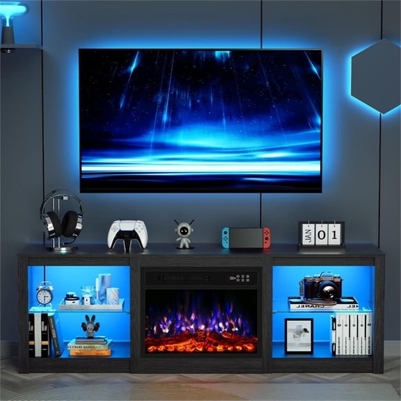 Pemberly Row 70" Black TV Stand with 23" Fireplace and LED Lights