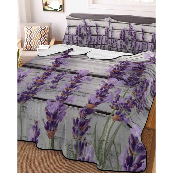 Spring Lavender Floral King Size Down Alternative Comforter,Lightweight Comforter Quilt Bedding Set with Pillow Shams Botanical Flower Vintage Wood Grain Bed Comforter Duvet Insert 96"x106"