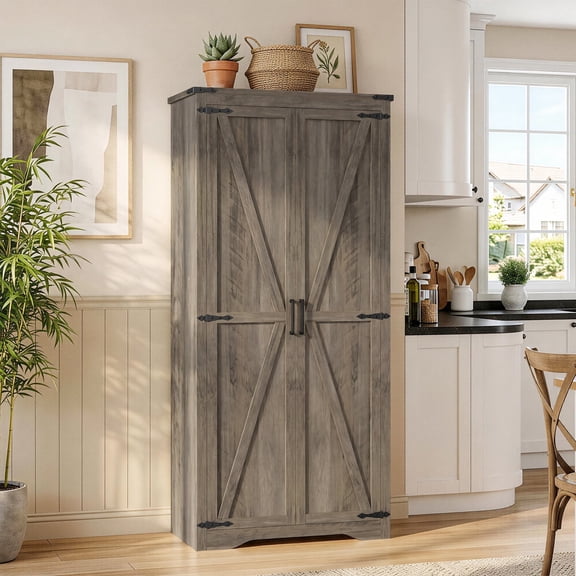 72" H Farmhouse Storage Cabinet with Adjustable Shelves, Large Pantry Organize with 2 Barn Doors, Tall Freestanding Cabinet for Kitchen, Bathroom/Garage/Basement/Living/Utility Room