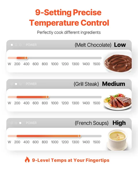 Portable Induction Cooktop 1500W Electric Burner 9 Temperature Settings 4H Timer 24H Reservation Child Lock Easy Clean Countertop Hot Plate