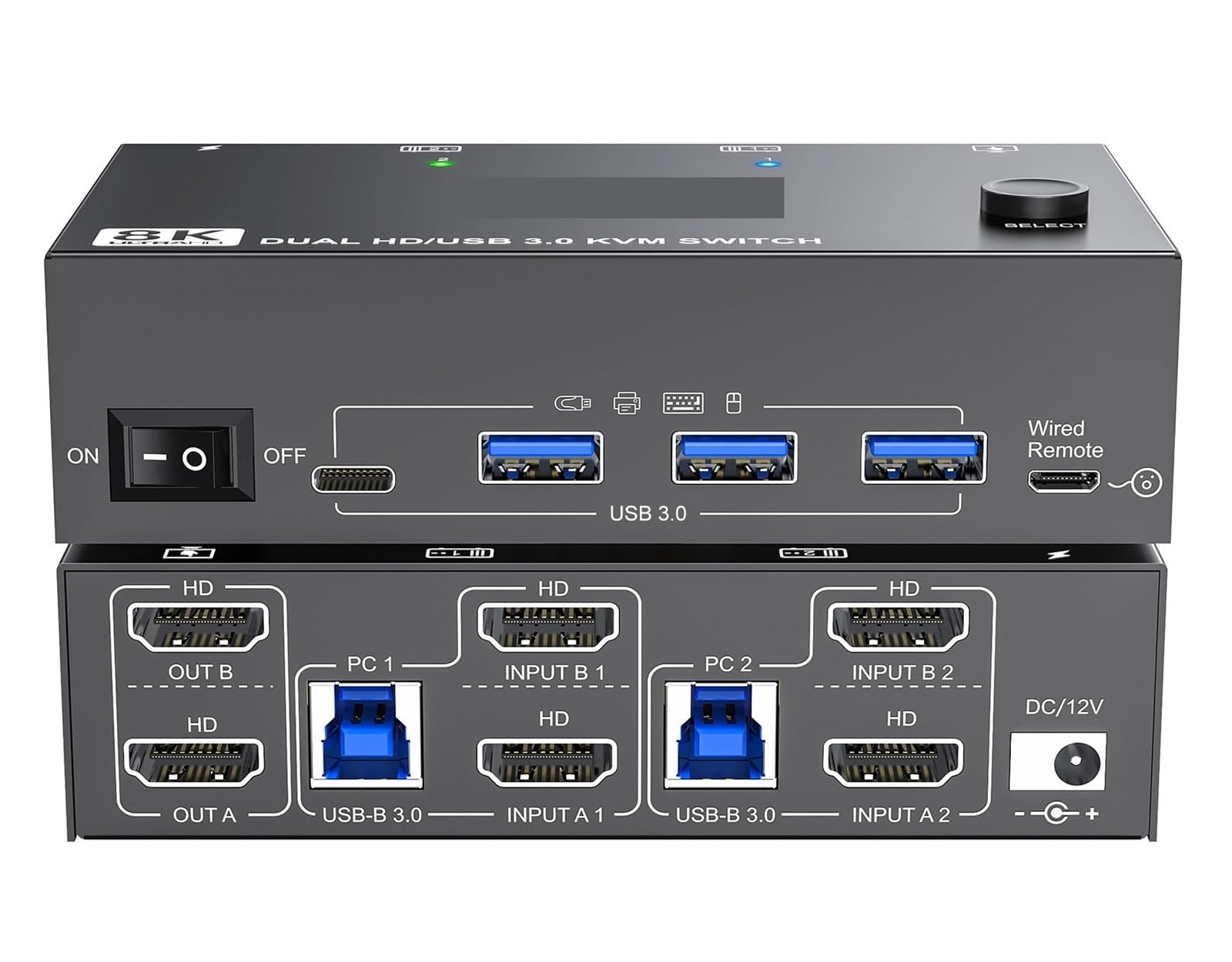 Dual Monitor KVM Switch 2 Port, 8K@60Hz 4K@144Hz +DP USB 3.0 Switch Extended Display 2 Monitors 2 Computers