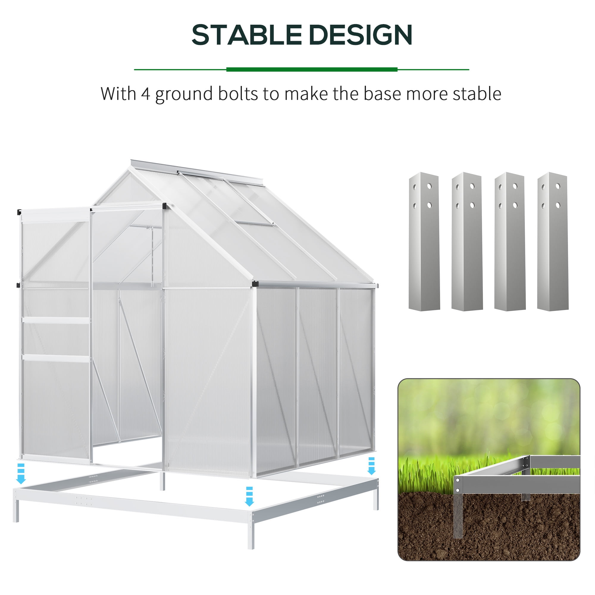 Outsunny 6'x6' Aluminum Greenhouse, Polycarbonate Walk-in Garden Greenhouse Kit, Adjustable Roof Vent, Sliding Door for Winter, Silver