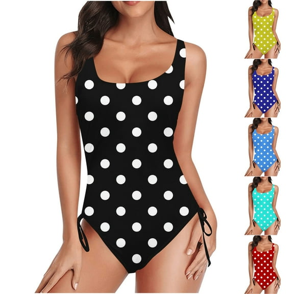 UTSJKR American Trends One Piece Swimsuit Women U Neck Polka Dot Print Bathing Suits Athletic Modest Swimwear Black L