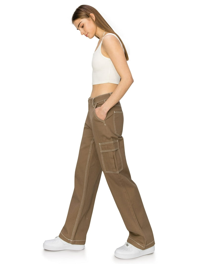 Cali1850 Women's Parachute Cargo Pants Low Rise Baggy Fit Wide Leg Multi Pockets Casual Streetwear Trousers