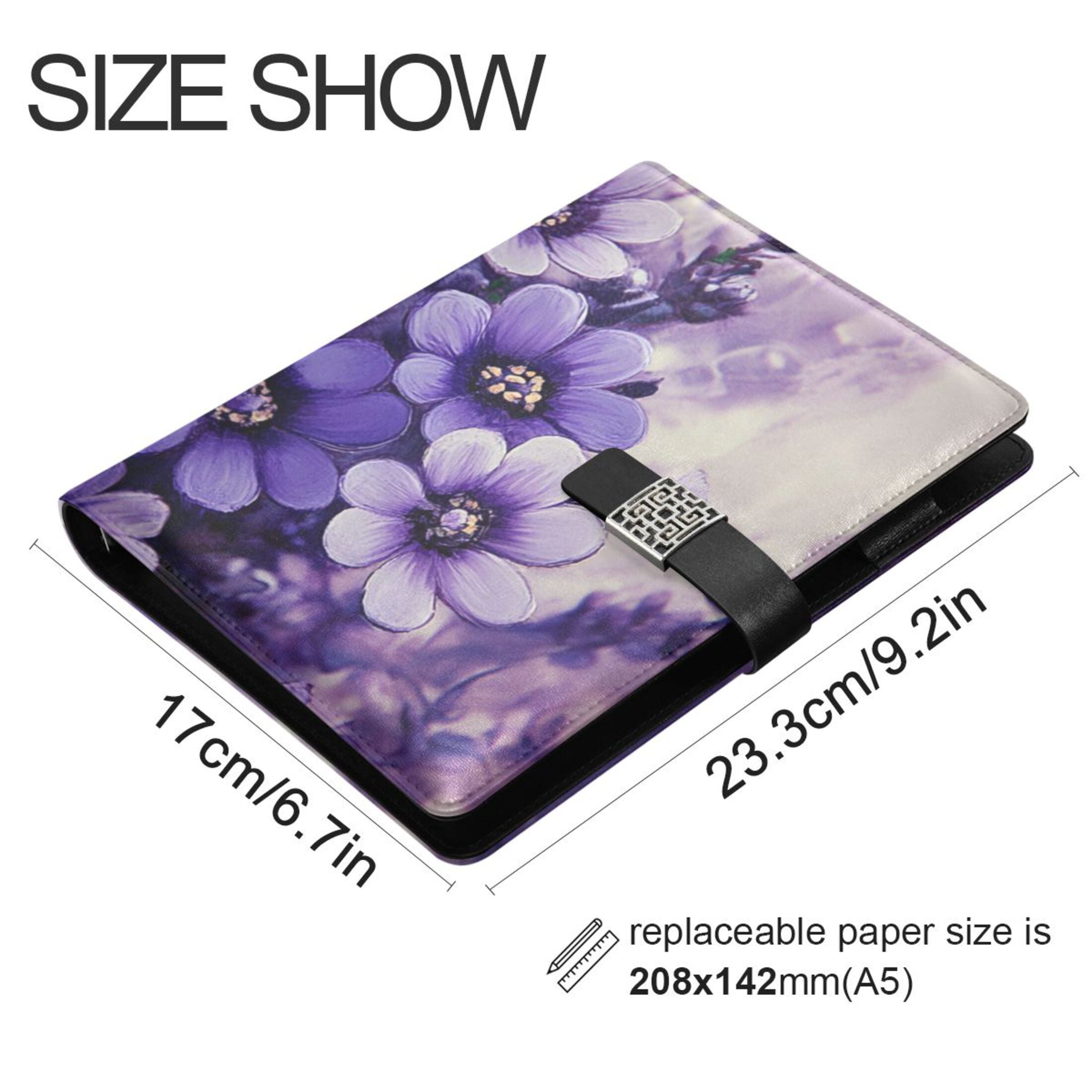 Purple Beautiful Flowers Leather Journal Notebook for Men Women A5 Hardcover Notebook with Pockets for Work Business Travel