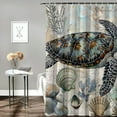 thumbnail image 2 of Fenyluxe  Coastal Nautical Shower Curtain Vintage Sea Turtle Starfish Seashell Watercolor Marine Life Beach Themed Bathroom Decor Fabric Curtains with Hooks White, 2 of 7
