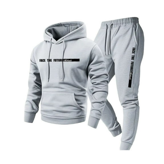 Domuza Track Suits for Men 2 Piece Set Long Sleeve Fleece Solid Drawstring Hoodies & Sweatpants Set Loose Fit Casual Workout Hooded Set Jogging Suit Light Gray 3XL