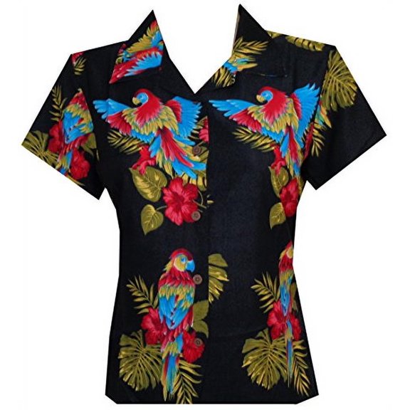 Hawaiian Shirt 39W Women Parrot Flower Aloha Beach Top Blouse Black M