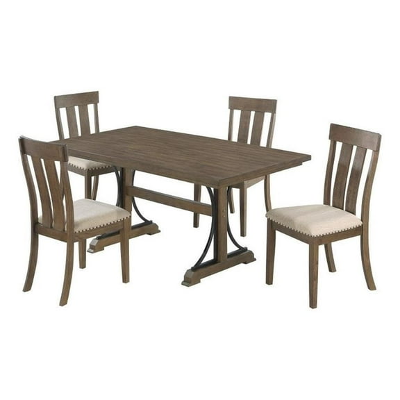 Bowery Hill 5pc Brown Oak Wood Dining Set with 4 Beige Linen Upholstered Chairs