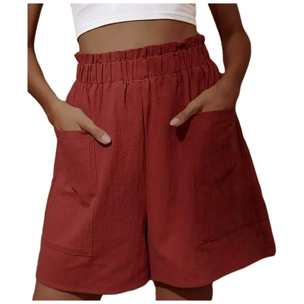 LIBRCLO Womens Cotton Linen Bermuda Shorts High Waist Elastic Casual Wide Leg Lounge Shorts with