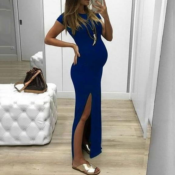 UTTOASFAY Womens Maternity Dresses Summer Round Short Sleeve Solid Color Split fork Maternity Dress Fashion Skirt Blue L