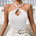 thumbnail image 2 of Women Summer Knitted Top Off Shoulder Cross Halter Neck Sleeveless Keyhole Front Rib Knit Summer Camisole, 2 of 5