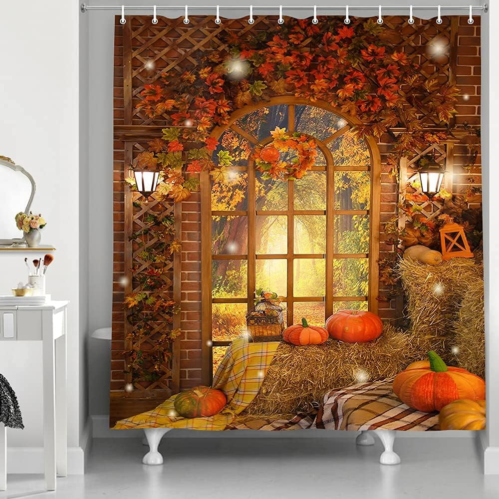 Harvest Pumkin Fall Shower Curtain Bathroom Sets, Thanksgiving Harvest Autumn Maple Leaf Fabric Bath Curtian, Fall Forest View Waterproof Shower Curtain Sets with Hooks 60 x 70 inch