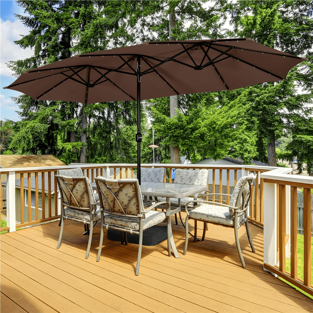 Renwick 15 ft Twin Patio Parasol Umbrella with Base & LED Lights, Brown