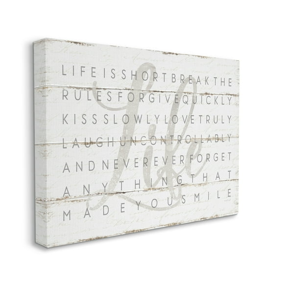 The Stupell Home Decor Collection Life Is Short Smile Grey on White Planked Look Stretched Canvas Wall Art, 16 x 1.5 x 20