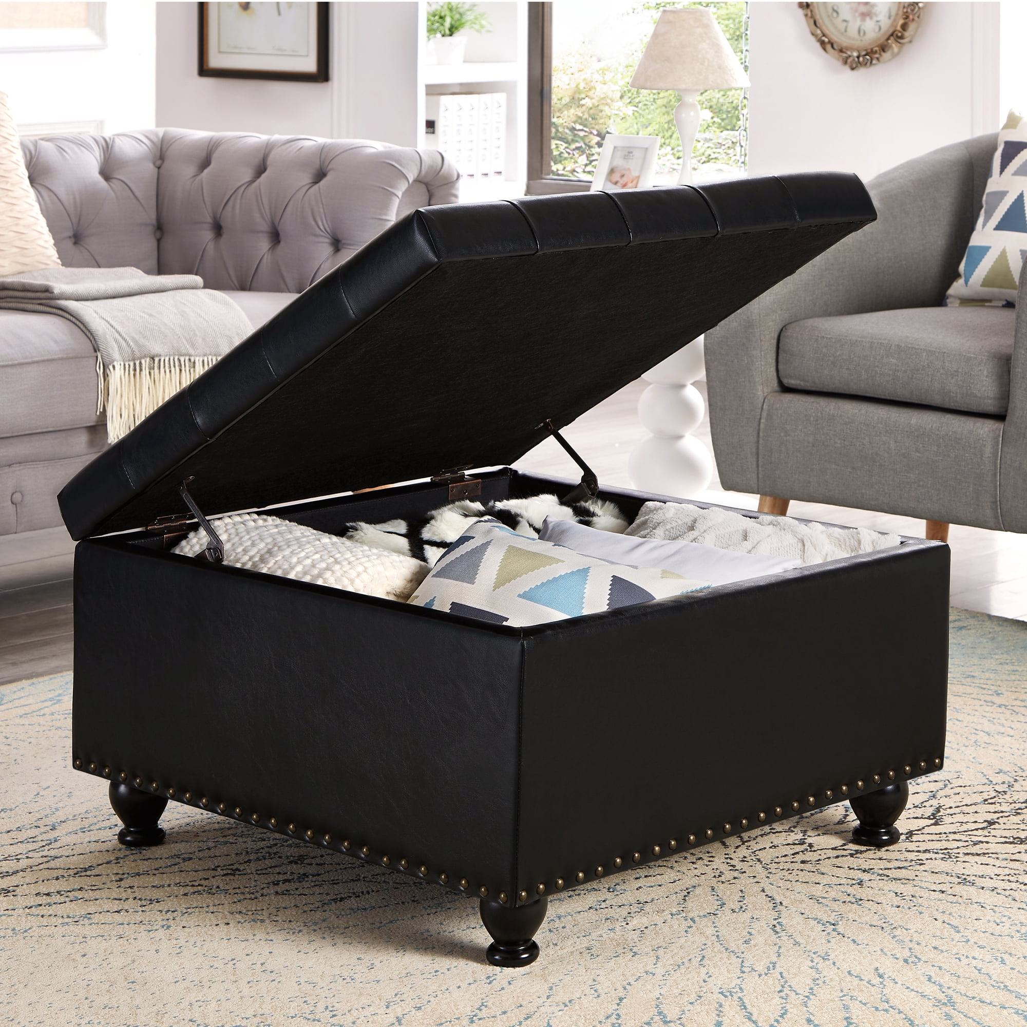 Square Storage Ottoman Coffee Table, Large Upholstered Ottoman with Hidden Storage, Button Tufted Bench with Nailhead Trim & Wooden Legs,Black