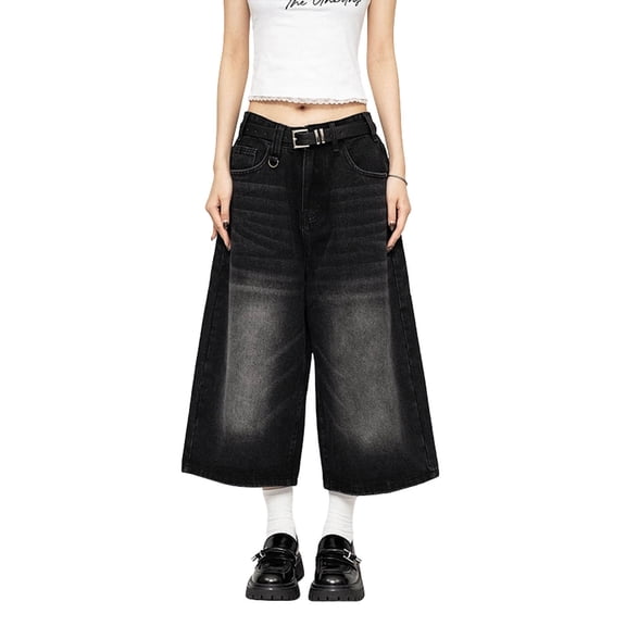 Risckoth Women Washed Denim Culottes, Mid Rise Wide Leg Cropped Jeans With Pockets S-3XL