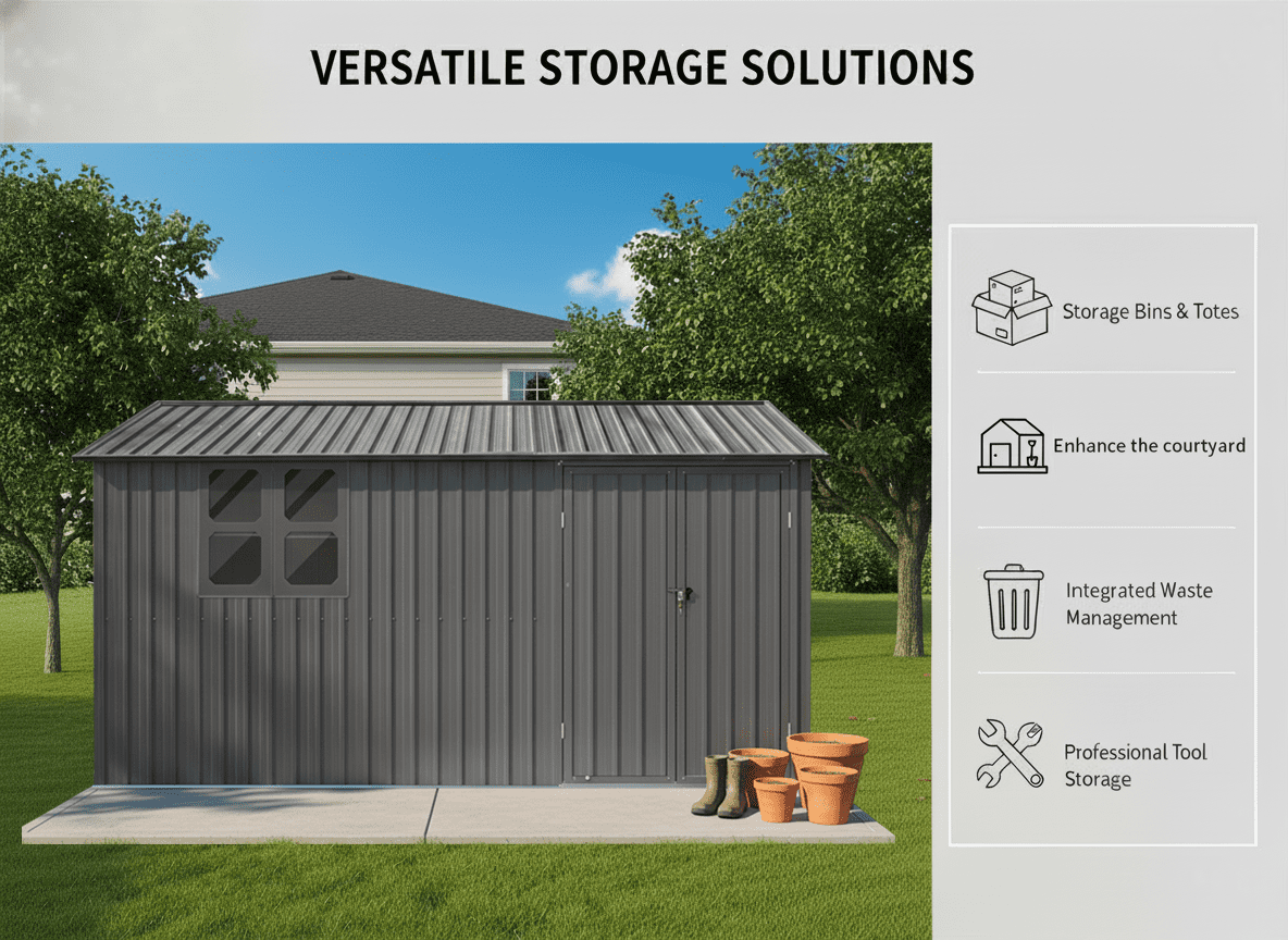 Mintazer 12×10 Ft All-Weather Metal Outdoor Storage Shed with Goods Shelves, Large Garden Tool Storage Building with Window for Backyard Lawn Patio, Gray