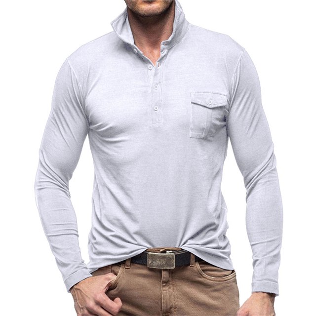 Cotton Golf Shirts for Men with Pocket Long Sleeve T-Shirts Mens Casual Solid Color Pullover Slim-Fit Button Collared Basic Athletic Workout Tees Tops