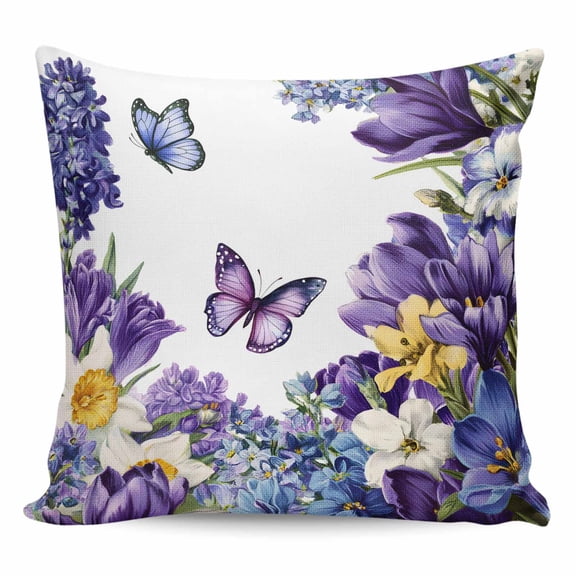 Spring Floral Pillow Covers 26x26 Inch Decorative Throw Pillow Cover, Purple Tulips Hydrangeas Butterflies Flowers Sofa Pillowcases Accent Cushion Case Home Decor Bedroom Living Room