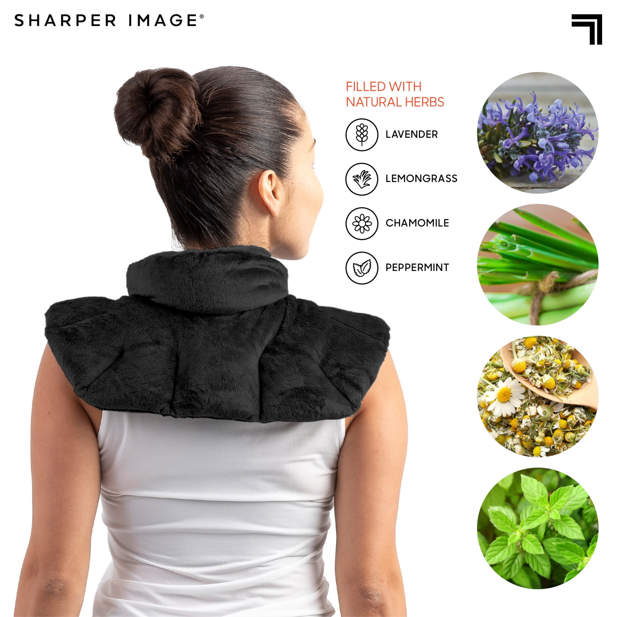 Sharper Image® Hot & Cold Herbal Aromatherapy Neck & Shoulder Plush Wrap Pad for Soothing Muscle Pain and Tension Relief Therapy, 100% Natural Lavender & Herb Spa Blend, Use in Microwave or Freezer