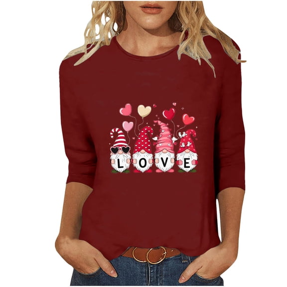 BLTIBY Valentines Day Shirts for Women Love Heart Printed Crew Neck 3/4 Sleeve Tshirt Holiday Loose Fit Casual Pullover Tops Red 3 S