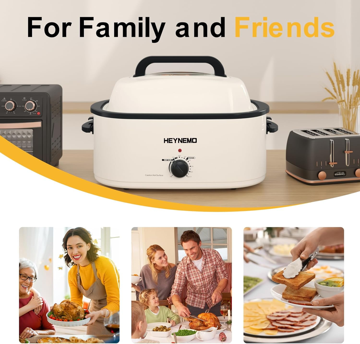 Roaster Oven Electric, Roaster Oven 22 Quart with Self-Basting Lid, Turkey Roaster Oven with Removable Pan and Rack, Adjustable Temperature Control Powerful 1450W Stainless Steel Roaster Oven, White