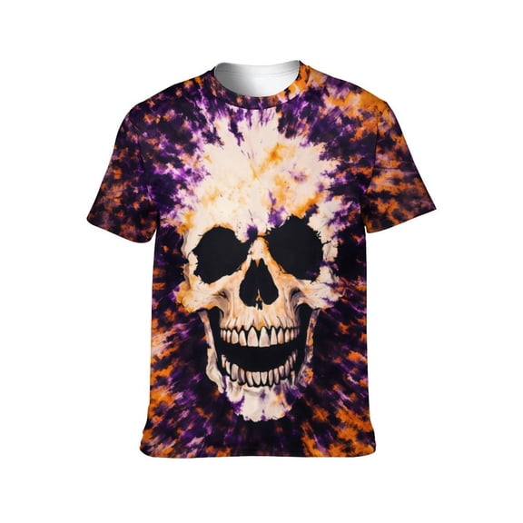 LAOLIUSN Men's Laughing Skull T-Shirt, Purple and Orange Tie-Dye Graphic Tee, 3D Printed Stretch Top,4XL