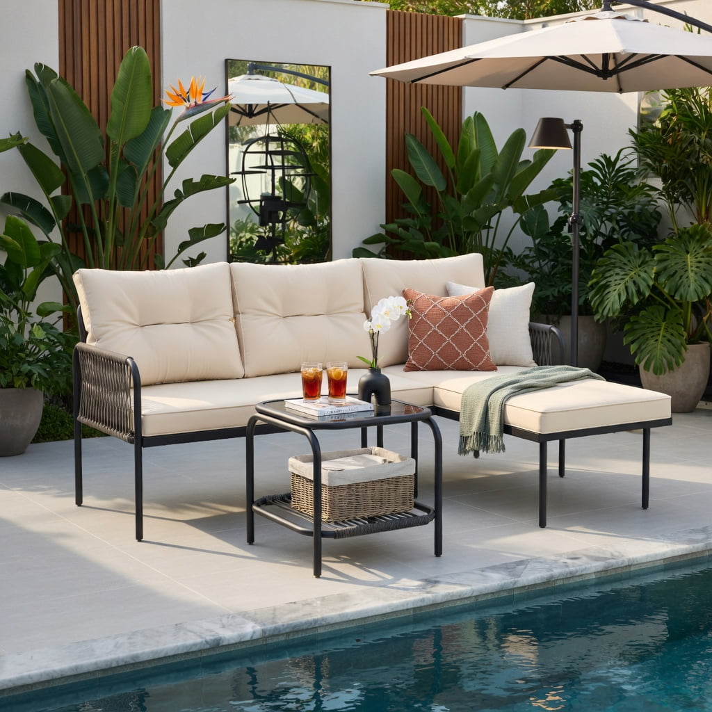 Hommoo 3-Piece L-Shaped Patio Furniture Set, PE Rattan Sectional Sofa with Beige Cushions, Tempered Glass Coffee Table, Outdoor Lounge Set for Deck, Balcony & Poolside, Beige
