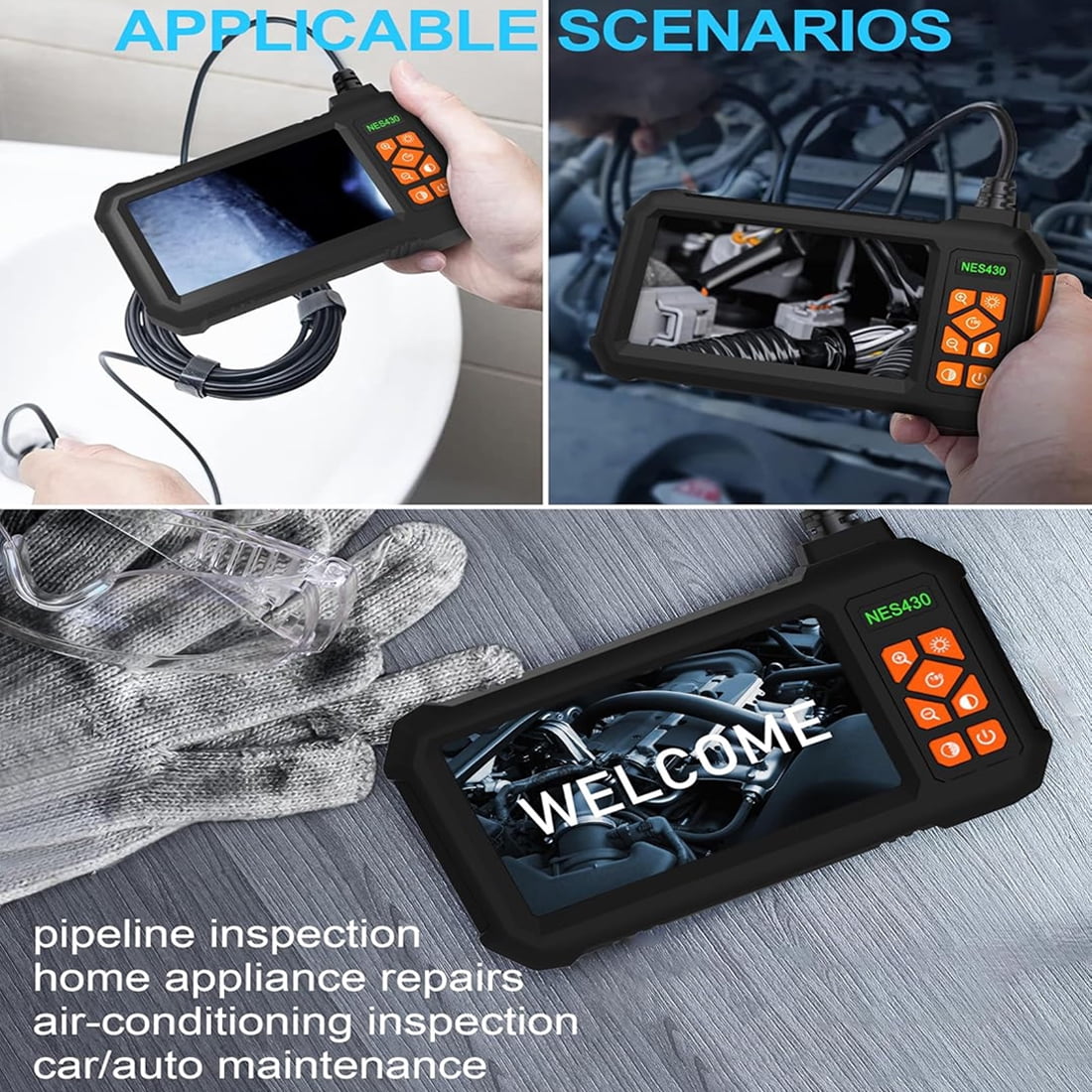 Binazon Endoscope Borescope Camera 1080P HD 4.3" Screen IP67 Waterproof 8 LED Lights 3.28Ft