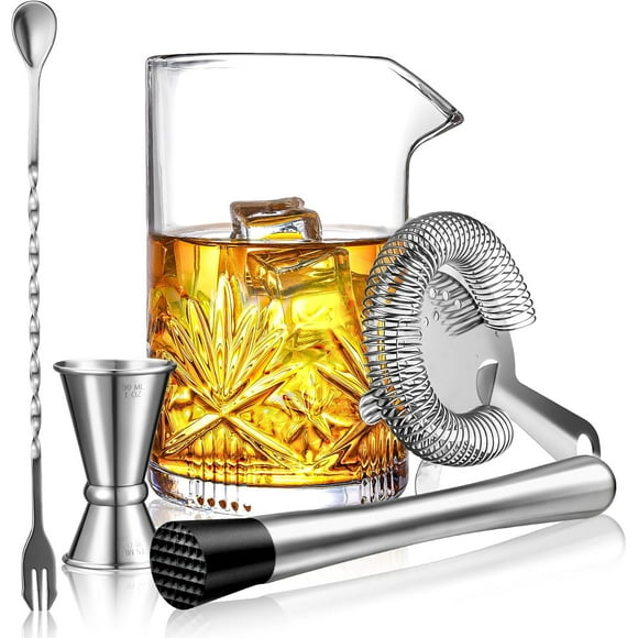 czcpp-Cocktail Mixing Glass, 18oz Crystal Mixing Glass Bartender Kit, 5 Piece Bar Mixing Glass Old Fashioned Cocktail Kit with Strainer, Muddler, Spoon, Jigger, Cocktail Mixer Stirring Glass