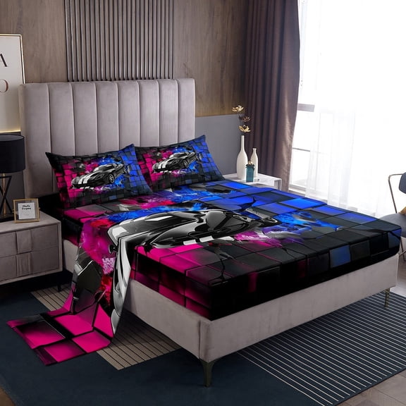 Erosebridal Black Sport Car Sheet Set Twin,Geometric Plaid Bedding Sets Twin Size,Extreme Sports Twin Sheet Sets,Microfiber Buffalo Room Decor,3pcs