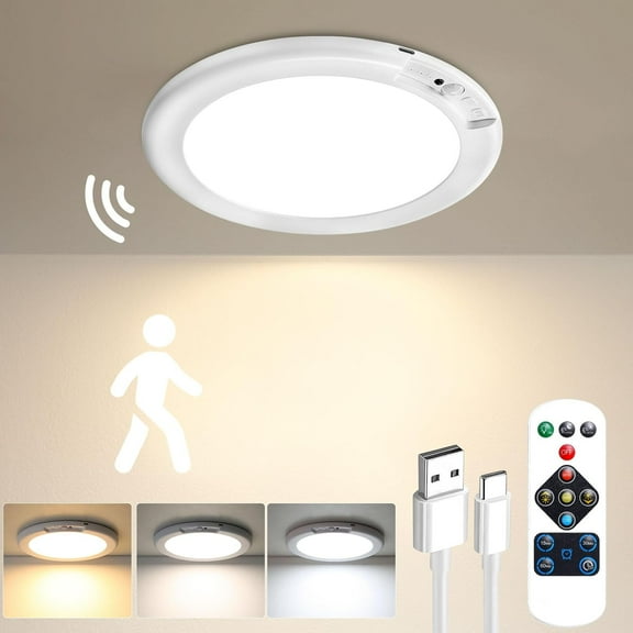 Rechargeable Motion Sensor Ceiling Light with Remote, Magnetic Wireless Battery Powered, 400LM Dimmable 3 Colors for Closet Shower Stairs