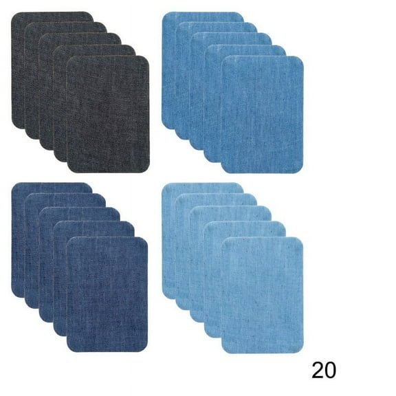 Exceptional Quality Iron-On Jean Patches Repair Kit. Inside & Outside. Made With The Strongest Glue, 100% Cotton Assorted Shades Of Blue. 20 Pieces