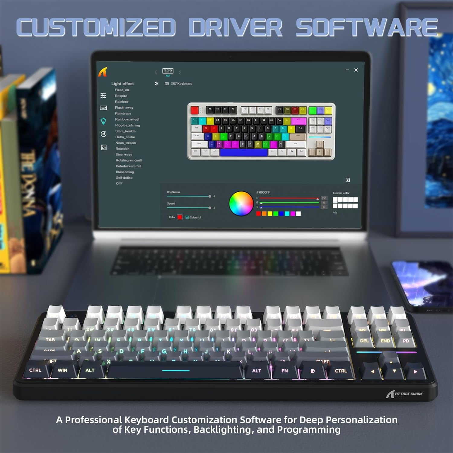 ATTACK SHARK X87 80% Wireless Mechanical Keyboard, BT5.0/2.4G/USB-C Hot-Swap Gasket Gaming Keyboard,RGB Backlit, 4000mAh,Pre-lubed Linear Switch, Side Engraved Gradient PBT Keycap for PC/MAC