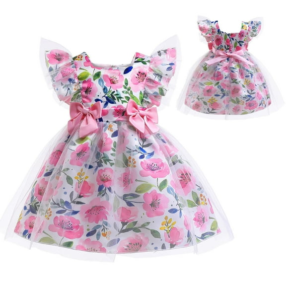 Girls Floral Princess Dress Bowknot Waist Pageant Wedding Costumes Gown