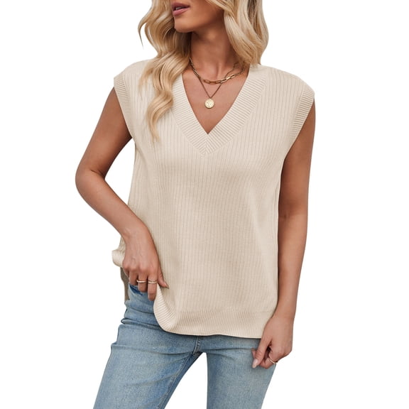 Womens V Neck Sweater Vest Oversized Ribbed Knit Sleeveless Casual Loose Fit Pullover Tank Top Apricot S
