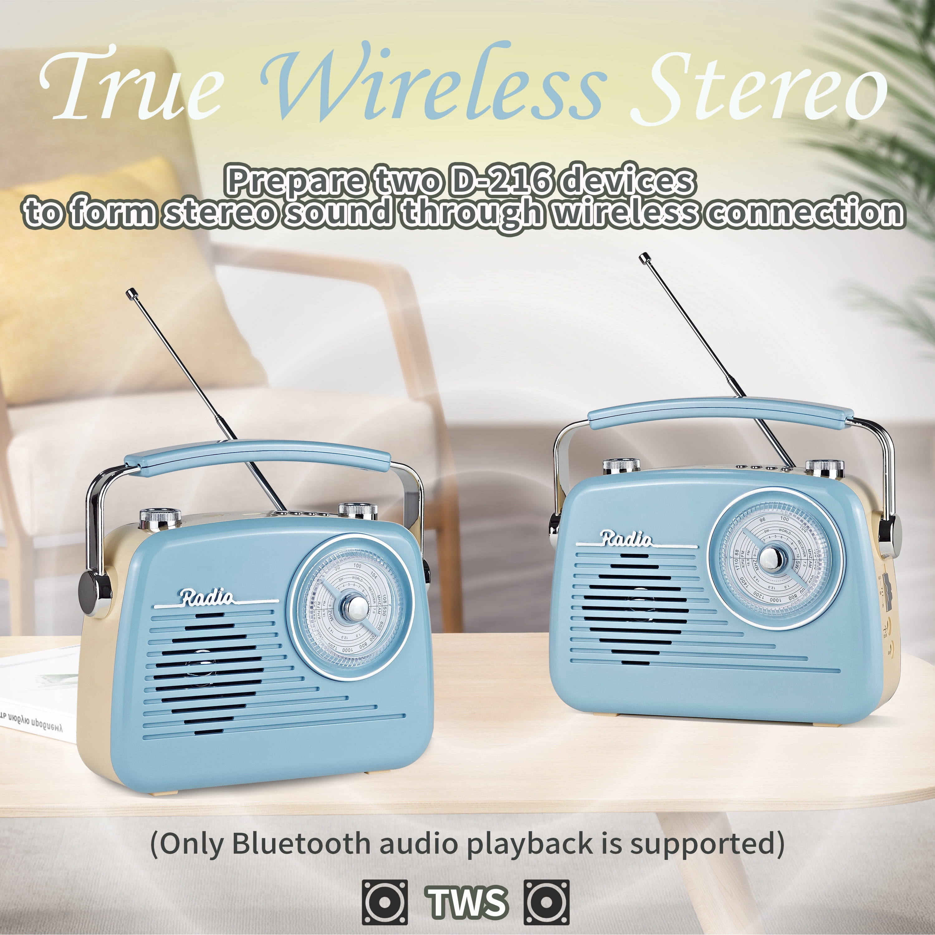 Portable AM FM Shortwave Vintage Radio Multifunctional Bluetooth Speaker 4 Power Options 5W Speaker TWS Stereo Plug-in Wall/Type-C Charging Emergency Radio for Home Outdoor Camping (Blue)