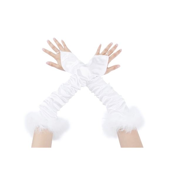 Women's Satin Hooked Finger Gloves Feather Cuffs Fingerness Costplay Sleeves for Christmas Dance 1920s Party White