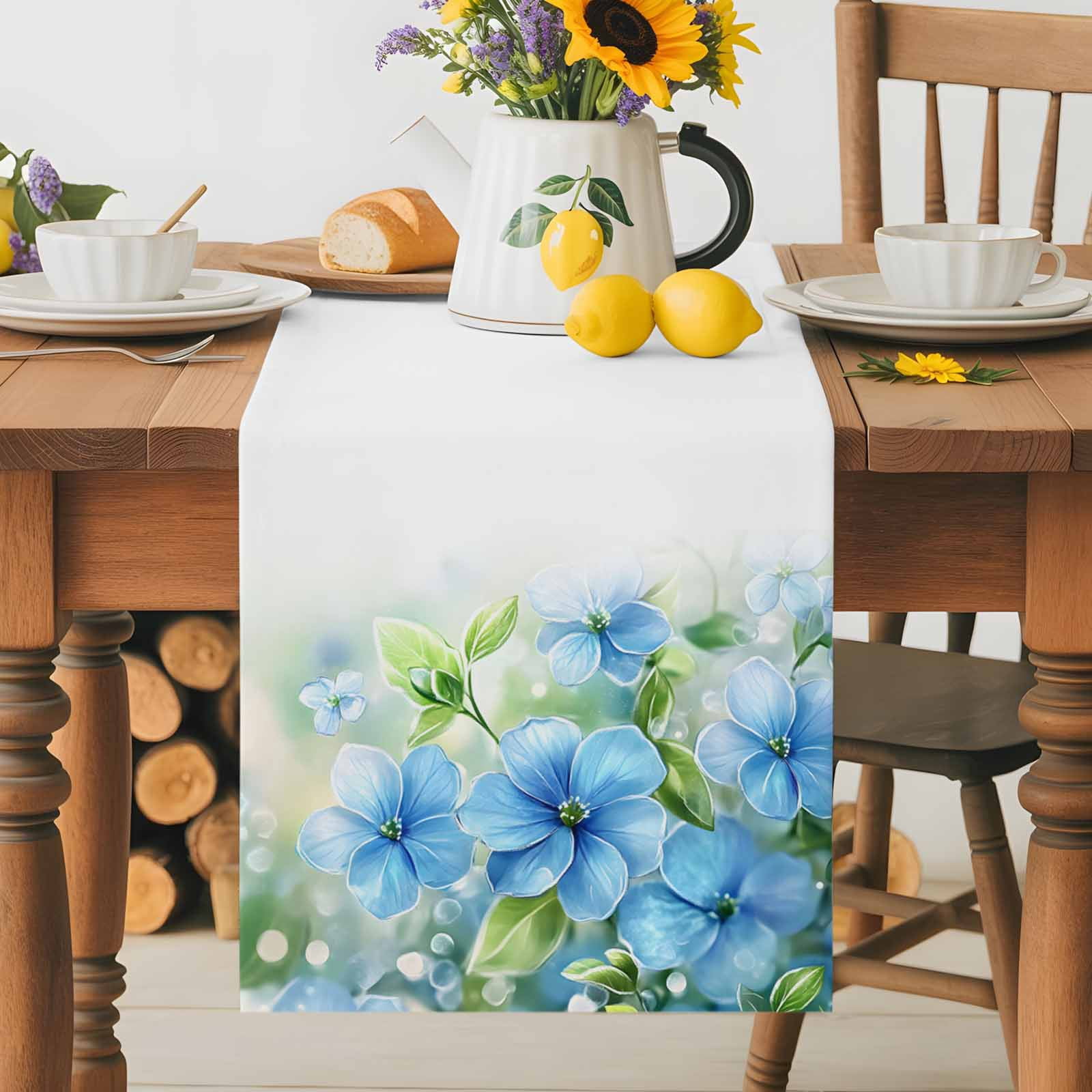 Watercolor Spring Blue Flower Green Leaves Table Runner 90 Inches Long, Pastoral Floral Table Runners Tabletop Scarf Kitchen Dining Tables Decoration for Home Party Indoor Outdoor
